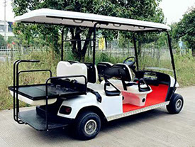 DMF White Golf Cart - 4 passenger extended roof with fold down seats (+2 passenger)  and stock tires and rims.